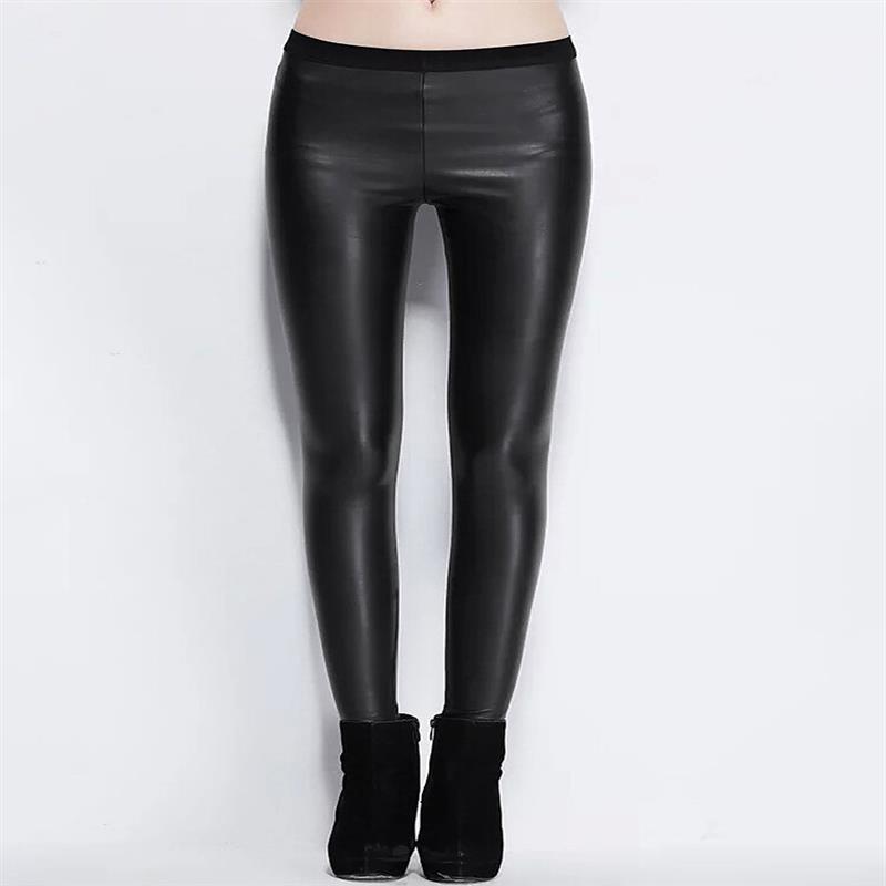 Women Solid Color Leather Bodycon Base Long Casual Leggings M Black