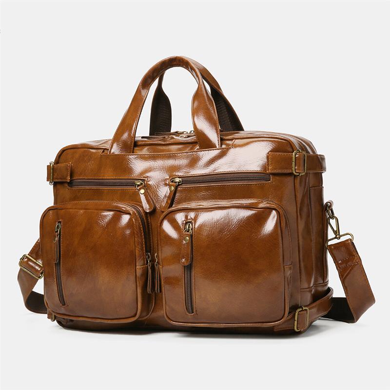 Ekphero Men Vintage Business Multi-Pockets Backpack Large Capacity Waterproof Multi-Carry Briefcase Crossbody Bag Brown
