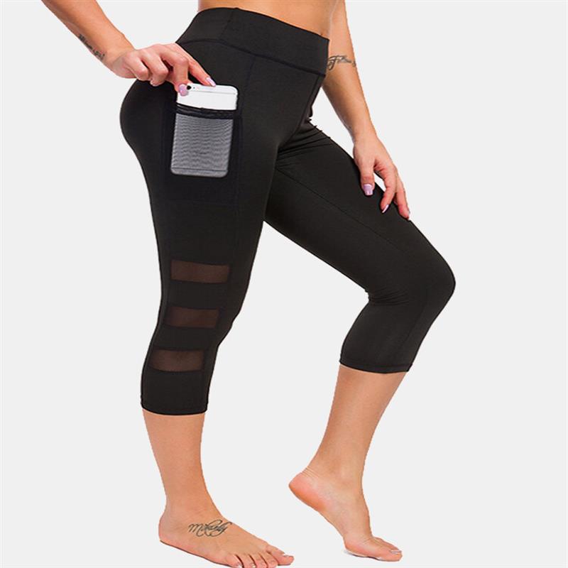 Women Mesh Patchwork Bodycon Cropped Yoga Sport Leggings With Pockets L Black