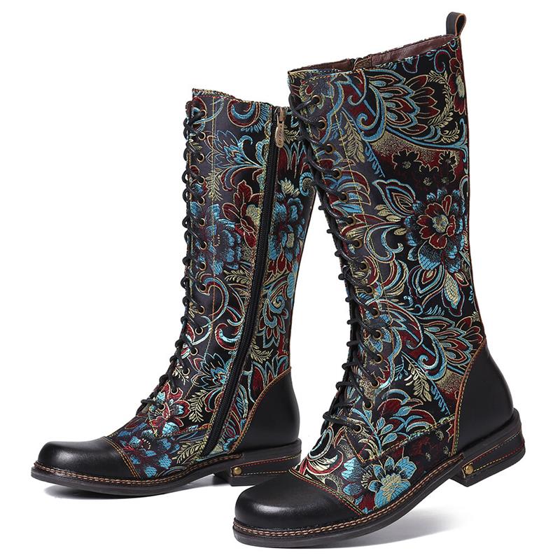 SOCOFY Gorgeous Flowers Pattern Colorful Stitching Elegant Zipper Lace Up Flat Mid-calf Boots 6 Red