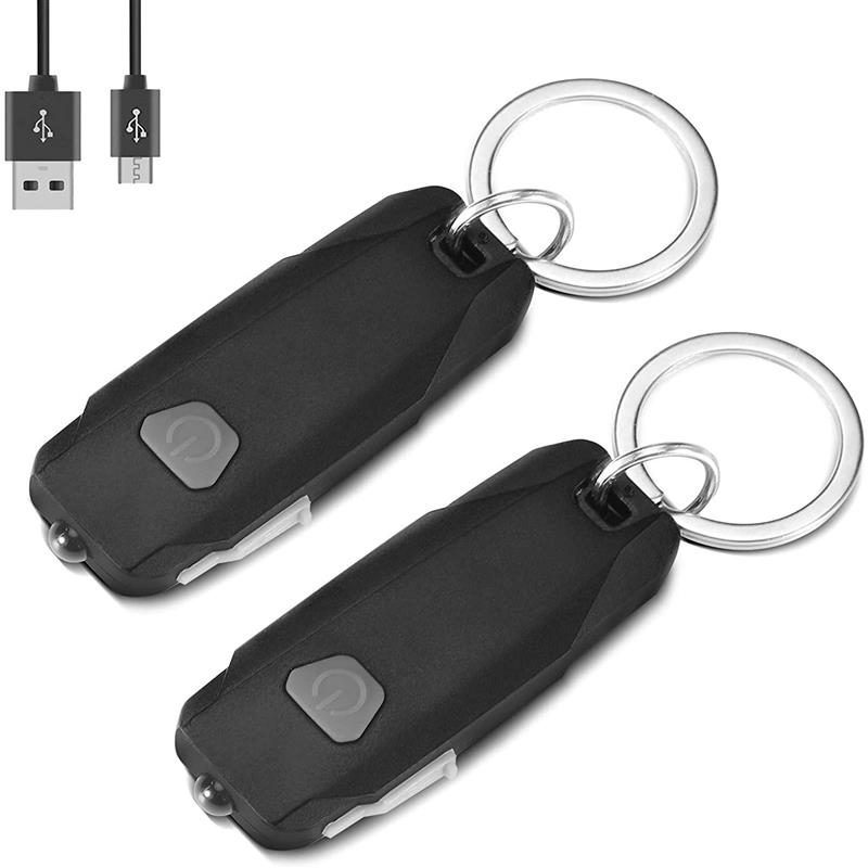 MECO 2 Pack Mini Led Lights, Portable USB Rechargeable Ultra Bright Keychain Flashlight with 2 Level Brightness Key Ring Torch Black