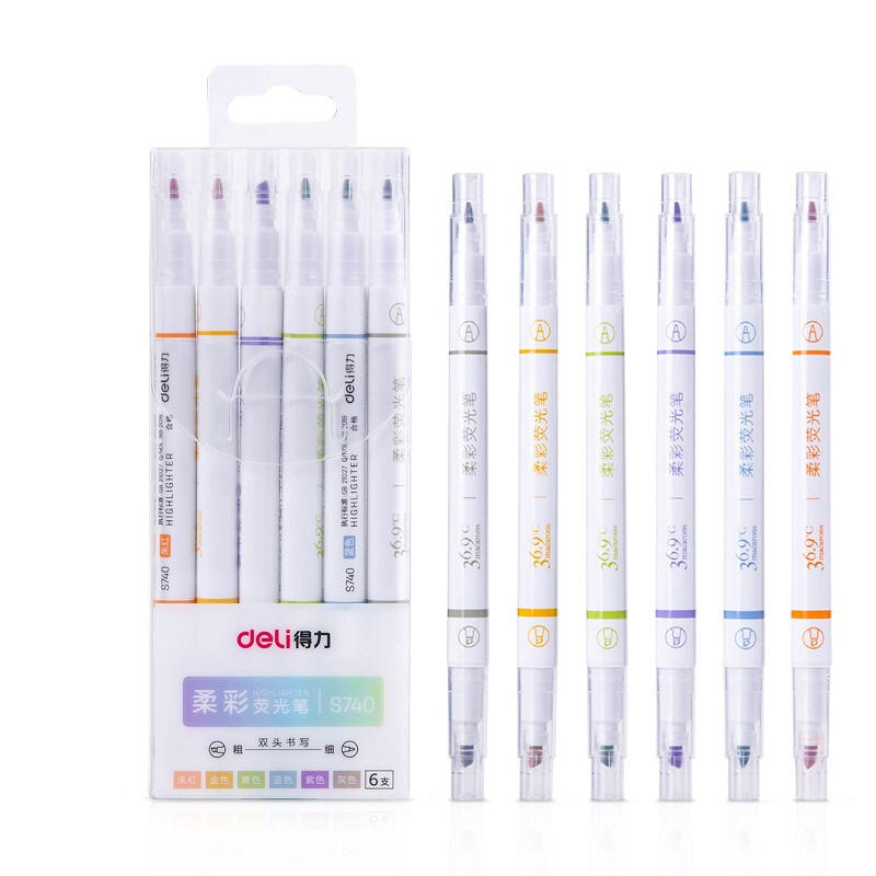 Deli S740 6 Pcs/set Dual-head Highlighters Fluorescent Pens Set Hand Painting Artist Marker Pens Gifts for Kids Childrens