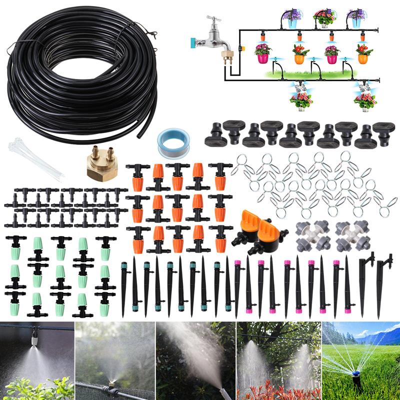 Garden Irrigation System 18m 138pcs Greenhouse Micro Drip Irrigation Kit Watering System ith Brass Threaded Connector Black