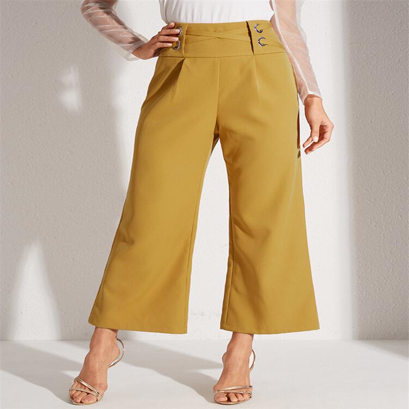 Women Solid Color Cross Design Mid Waist Stylish Casual Flare Pants S Yellow