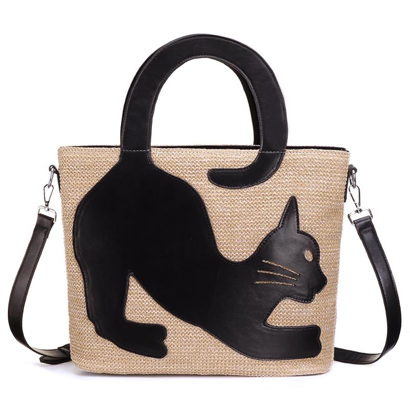 Women Straw Artificial Leather Cat Patch Crossbody Bag Large Capacity Versatile Beach Shoulder Bag Handbag Light Brown