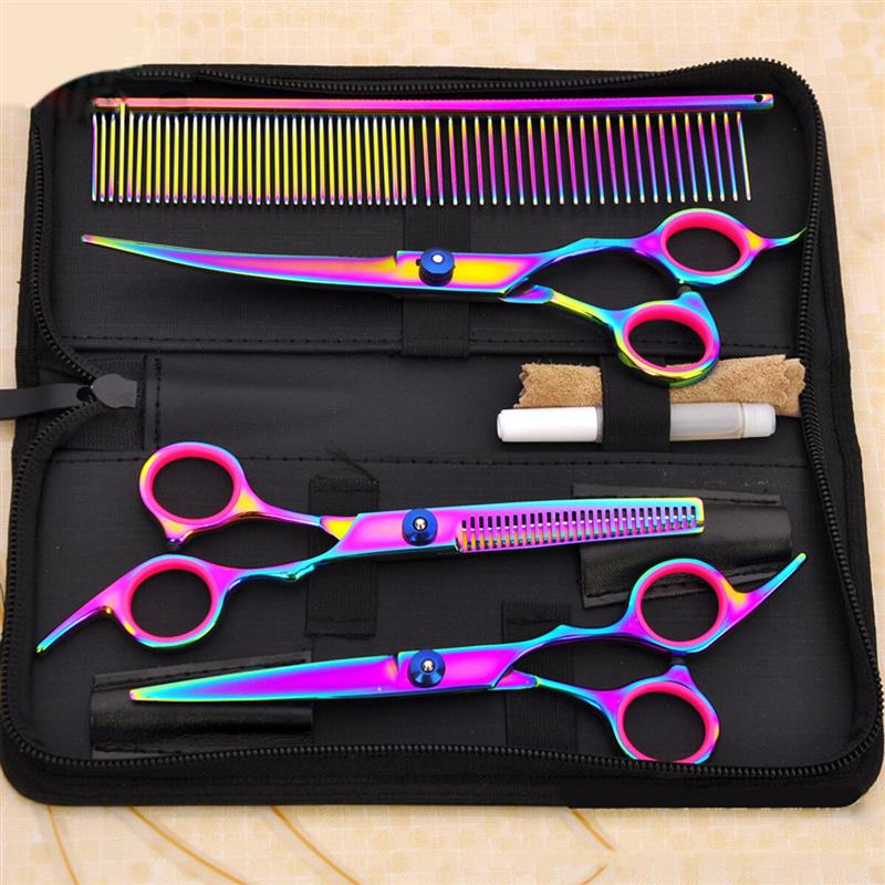 7” Pet Hair Scissors Tool Grooming Cutting Thinning Curved Shears Comb Kit for Dog Cat Hair Stlyle