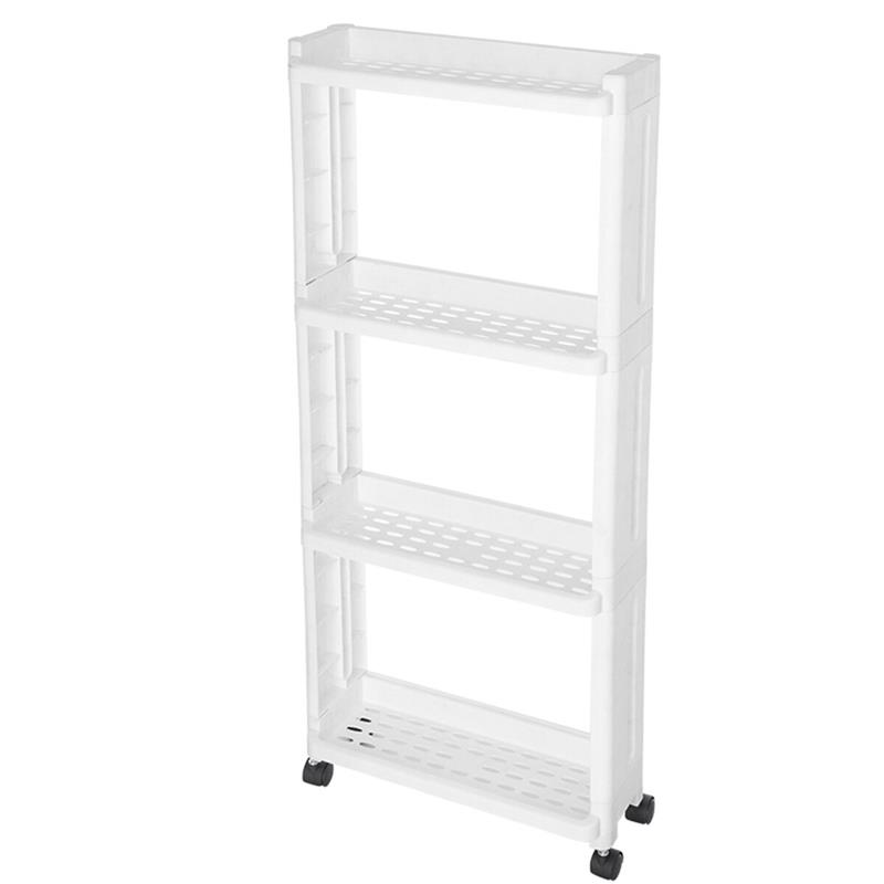 4 Layers Kitchen Storage Rack Slim Slide Tower Movable Assemble Plastic Bathroom Shelf Wheels Space Saving Organizer White