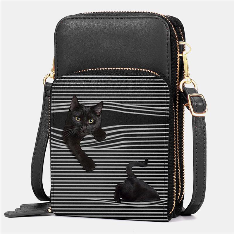 Women Faux Leather Casual Cute Black Cat and Stripes Pattern Adjustable Shoulder Bag Crossbody Bag Black