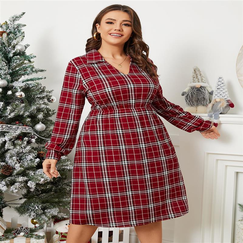 Plus Size Lapel Collar Plaid Knit Long Sleeves Dress 3XL Wine Red