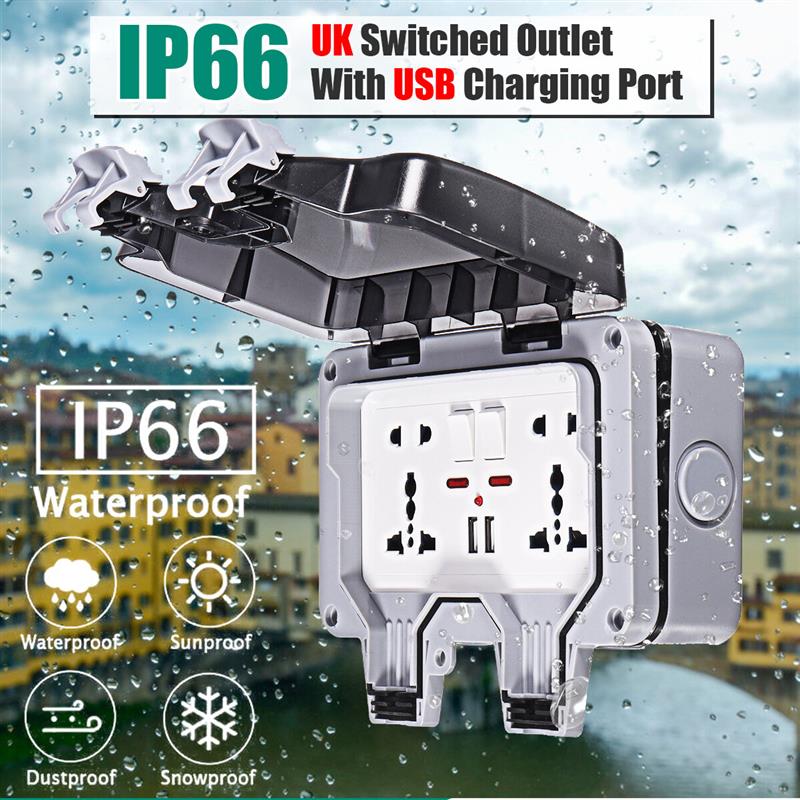 IP66 Weatherproof Outdoor BOX Wall Socket 13A Double Universal / UK Switched Outlet With USB Charging Port Double