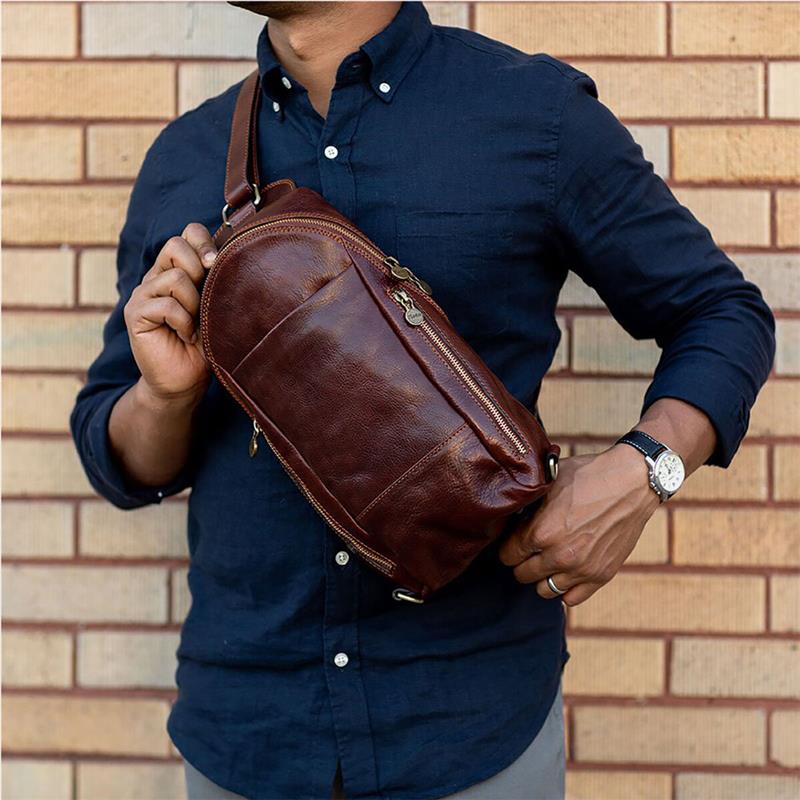 Men PU Leather Anti-Theft Vintage Casual Shoulder Bag Crossbody Bag Chest Bag Sling Bag Hippie Bag Black