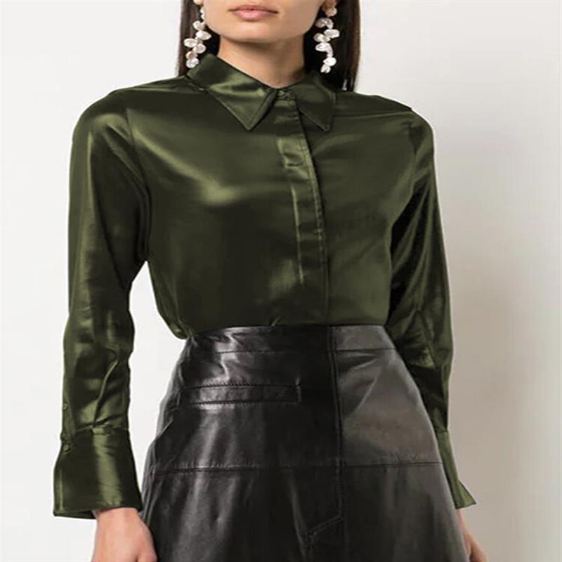Women Fashion Wild Leather Pure Color Thin Lapel Blouse L Navy