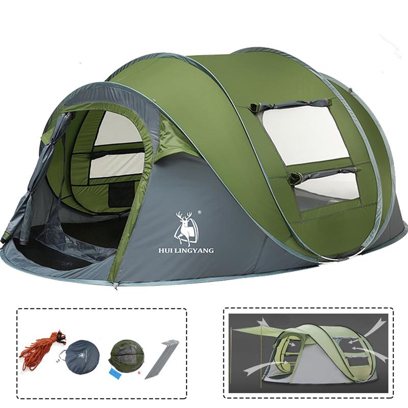 Outdoor 3-4 Persons Camping Tent Automatic Opening Single Layer Canopy Waterproof Anti-UV Sunshade Blue