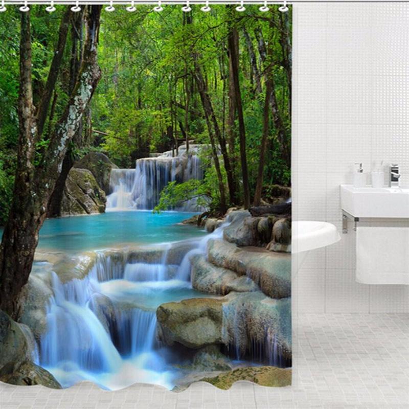 2×1.8CM Polyester 3D Waterfall Nature Scenery Bathroom Shower Curtain With Hooks