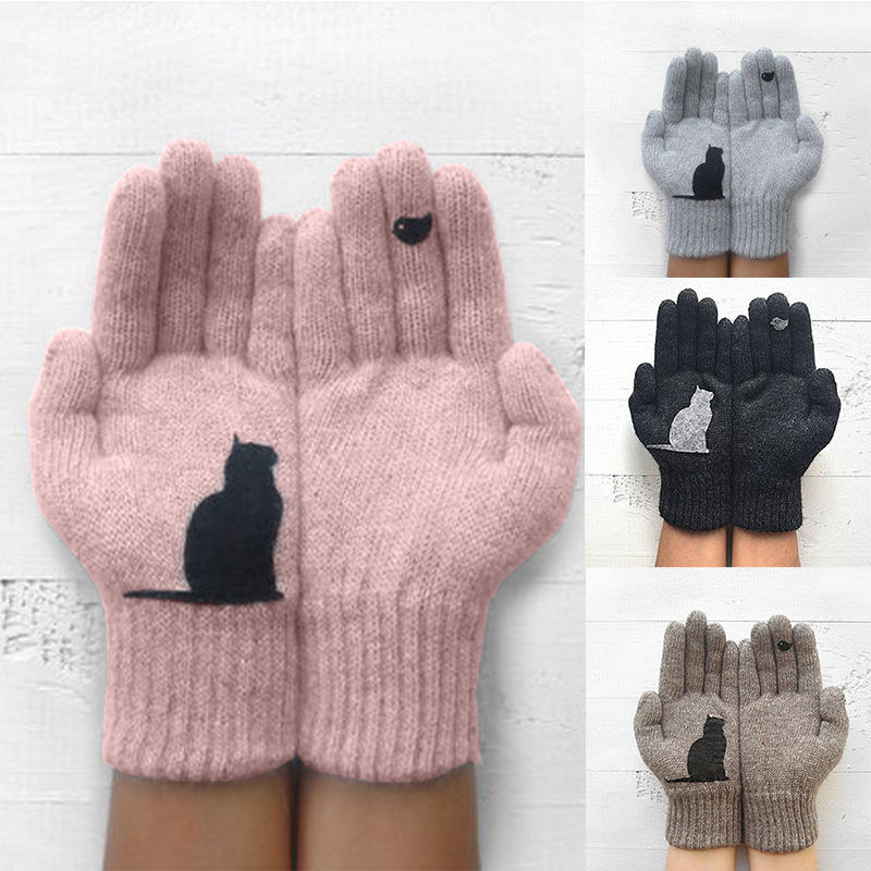 Women’s Wool Gloves Autumn Winter Outdoor Warm Cold Padded Cat Bird Print Glove Black